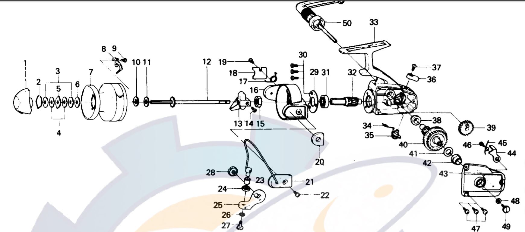 DAIWA RS-1300 RS-1600 spinning reel schematic and parts foldout made in  Japan